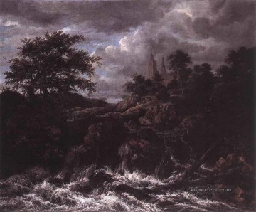  Isaakszoon Lienzo - Cascada junto a un paisaje de iglesia Río Jacob Isaakszoon van Ruisdael